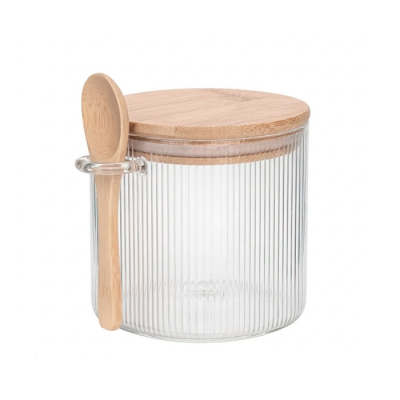 Frasco Vidrio Red. Rayado T/Bambu + Cuchara