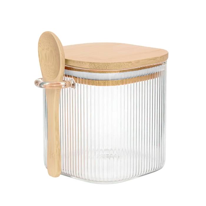 Frasco Vidrio Cuad. Rayado T/Bambu + Cuchara