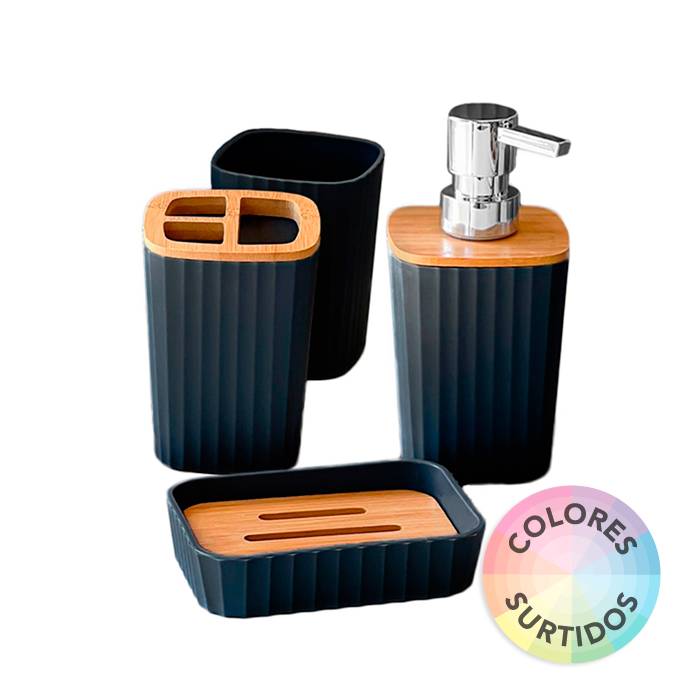 Set De Baño 4Pz Pvc Bambu Cuadrado