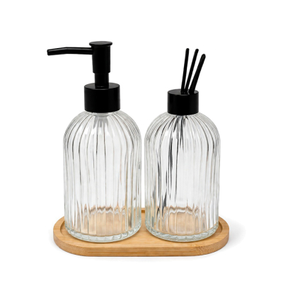 Set De Baño 2Pz. Vidrio C/Bandeja Bambu