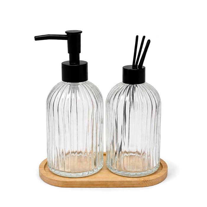Set De Baño 2Pz. Vidrio C/Bandeja Bambu