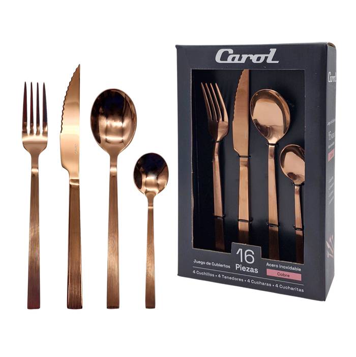 Set Cubiertos Acero Inox. Carol 16Pz Cobre