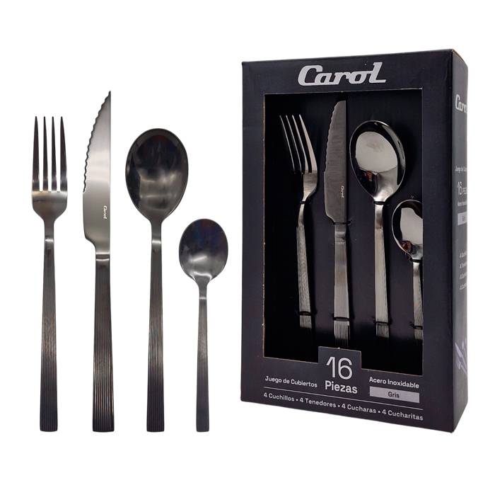 Set Cubiertos Acero Inox. Carol 16Pz Gris