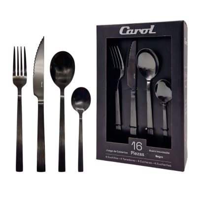 Set Cubiertos Acero Inox. Carol 16Pz Negro