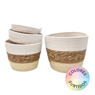 Canasta Simil Mimbre/Algodon Set X4