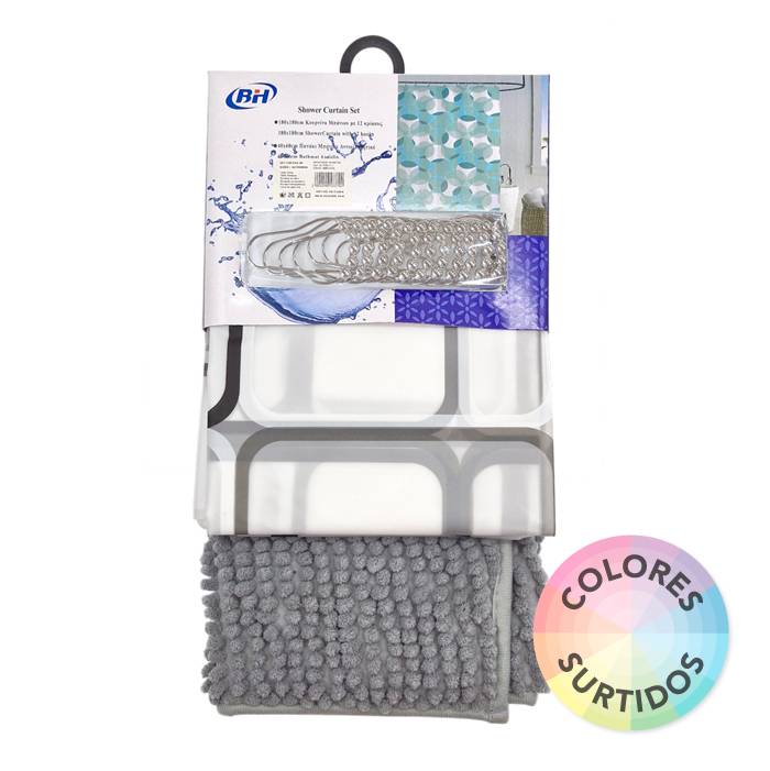 Cortina Baño + Alfombra & Ganchos Roller