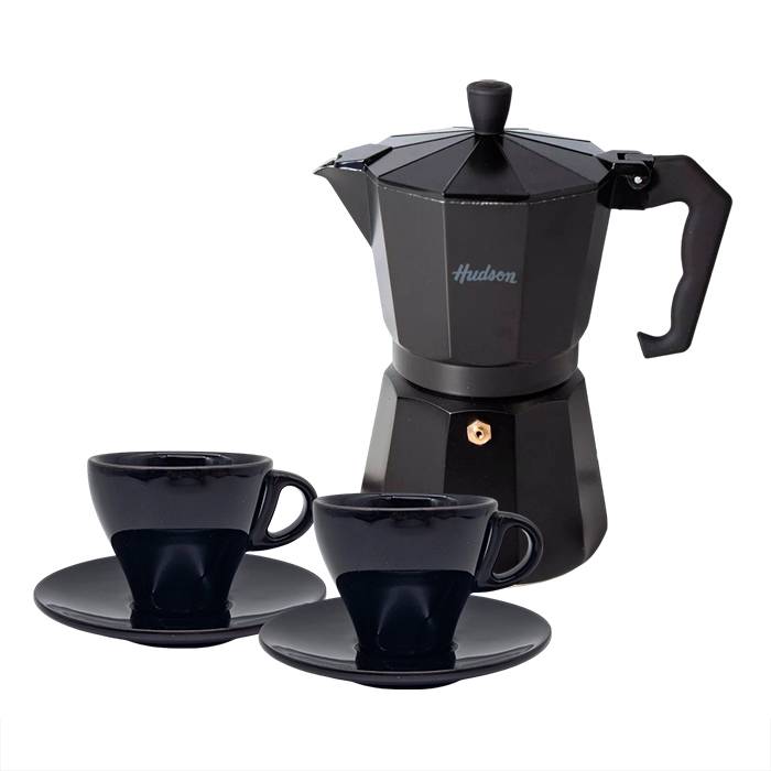 Set Cafetera Hudson Ita. Negra +4Pz. Ceram.