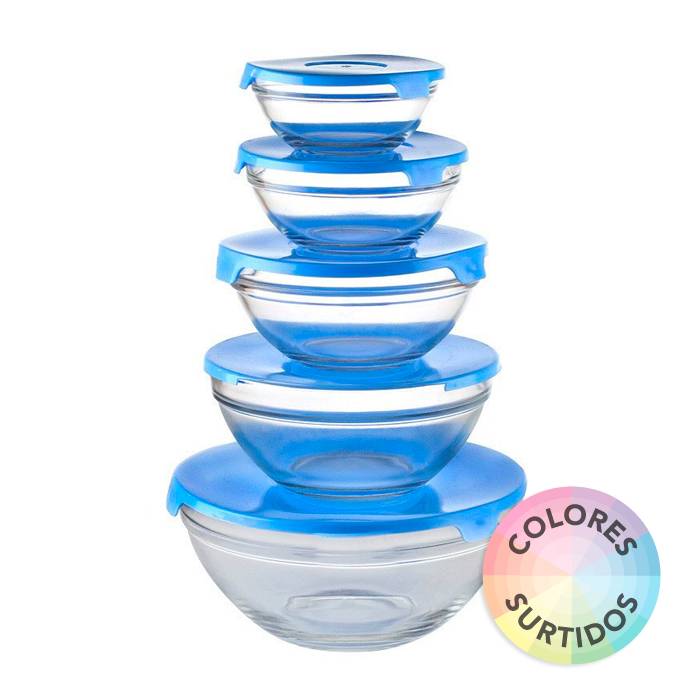 Bowl Vidrio Tapa Plastica Set X5