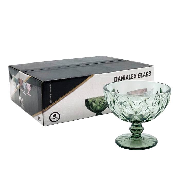 Copa Postre Vidrio Rombos Verde Pack X6